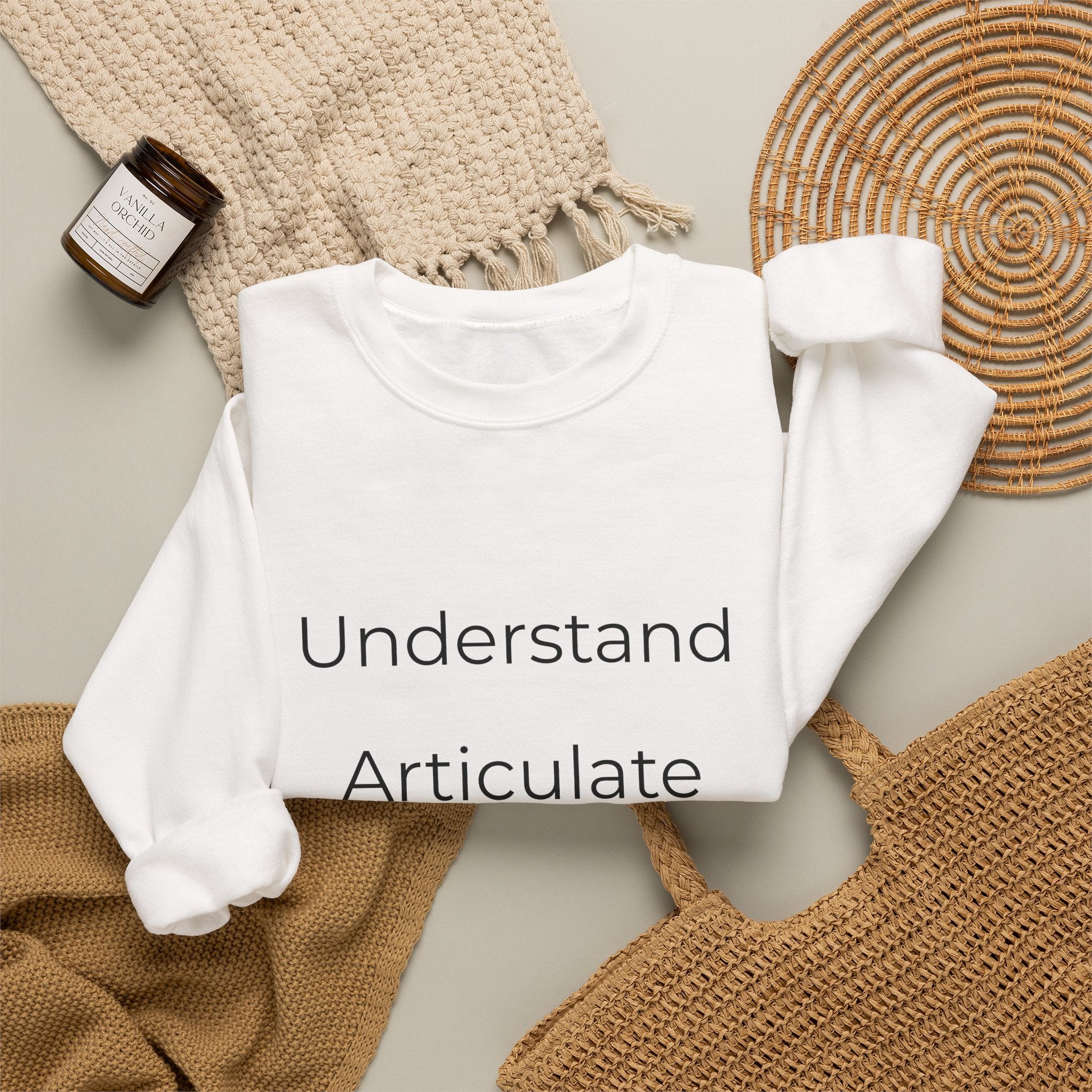 Crewneck Sweatshirt — "Understand Articulate Defend" Minimalist Motivational Pullover